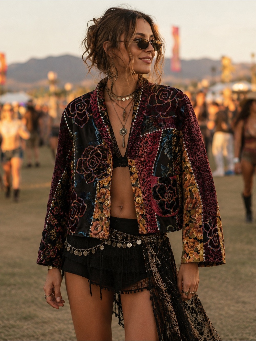 Sandy Starkman Cropped Patchwork Velvet Floral Tapestry Boho Jacket S